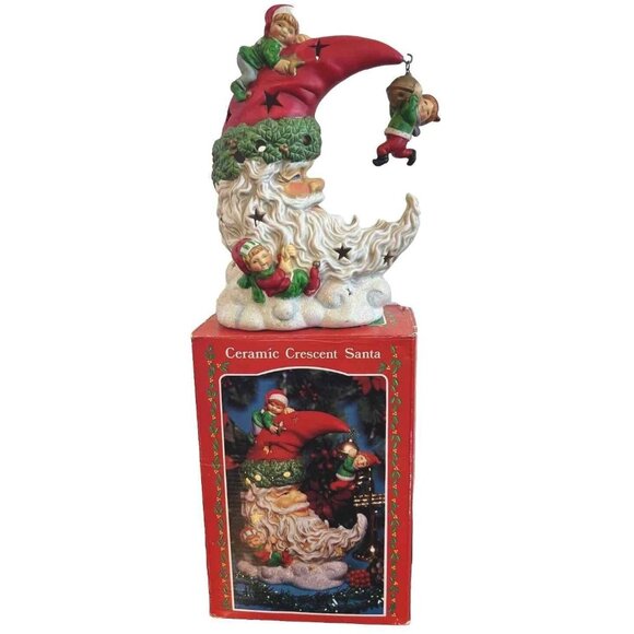 Other - Vintage Ceramic Christmas Crescent Santa Claus Hanging Elf Table Ornament W Box